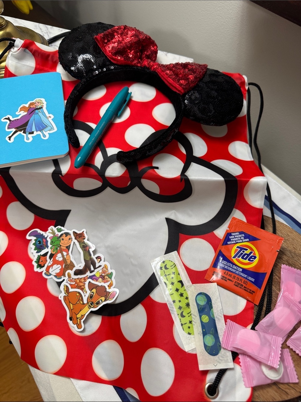 Disney Black Sequin Minnie Ears Headband, Drawstring bag & Accessories- Bundle 6